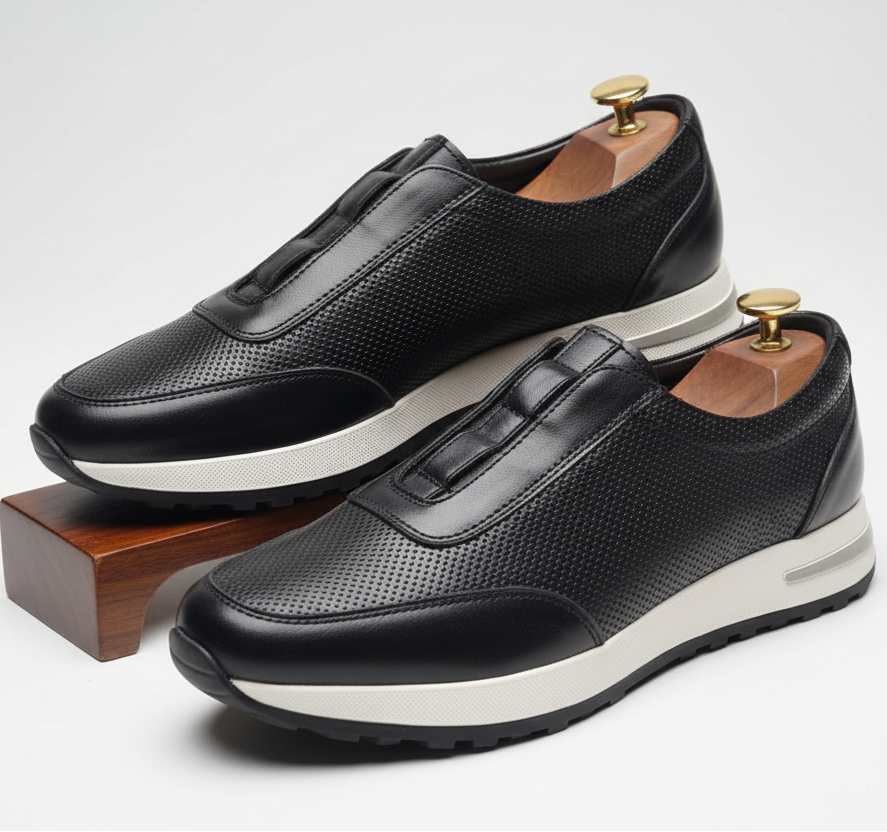 Men’s Premium Slip-On Leather Sneakers – Perforated Design with Rugged Grip Sole