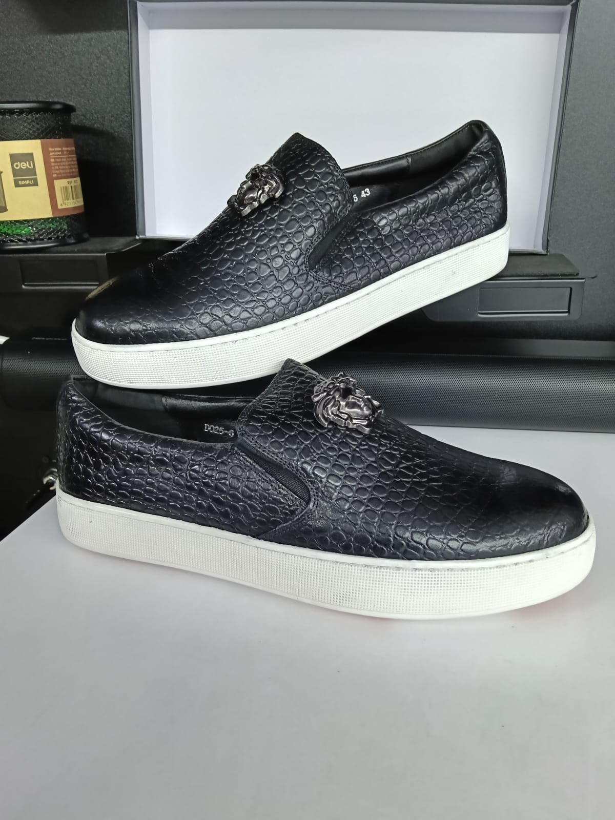 Men’s Black Croc-Texture Slip-On Sneakers