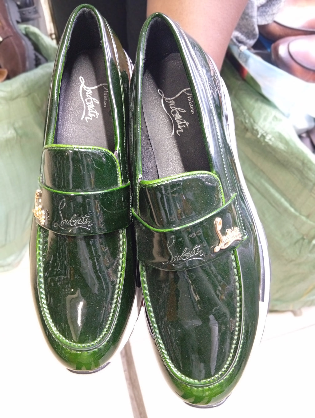 C L Glossy Green Loafers – Gold Panther Detail | Luxury Men’s Slip-On