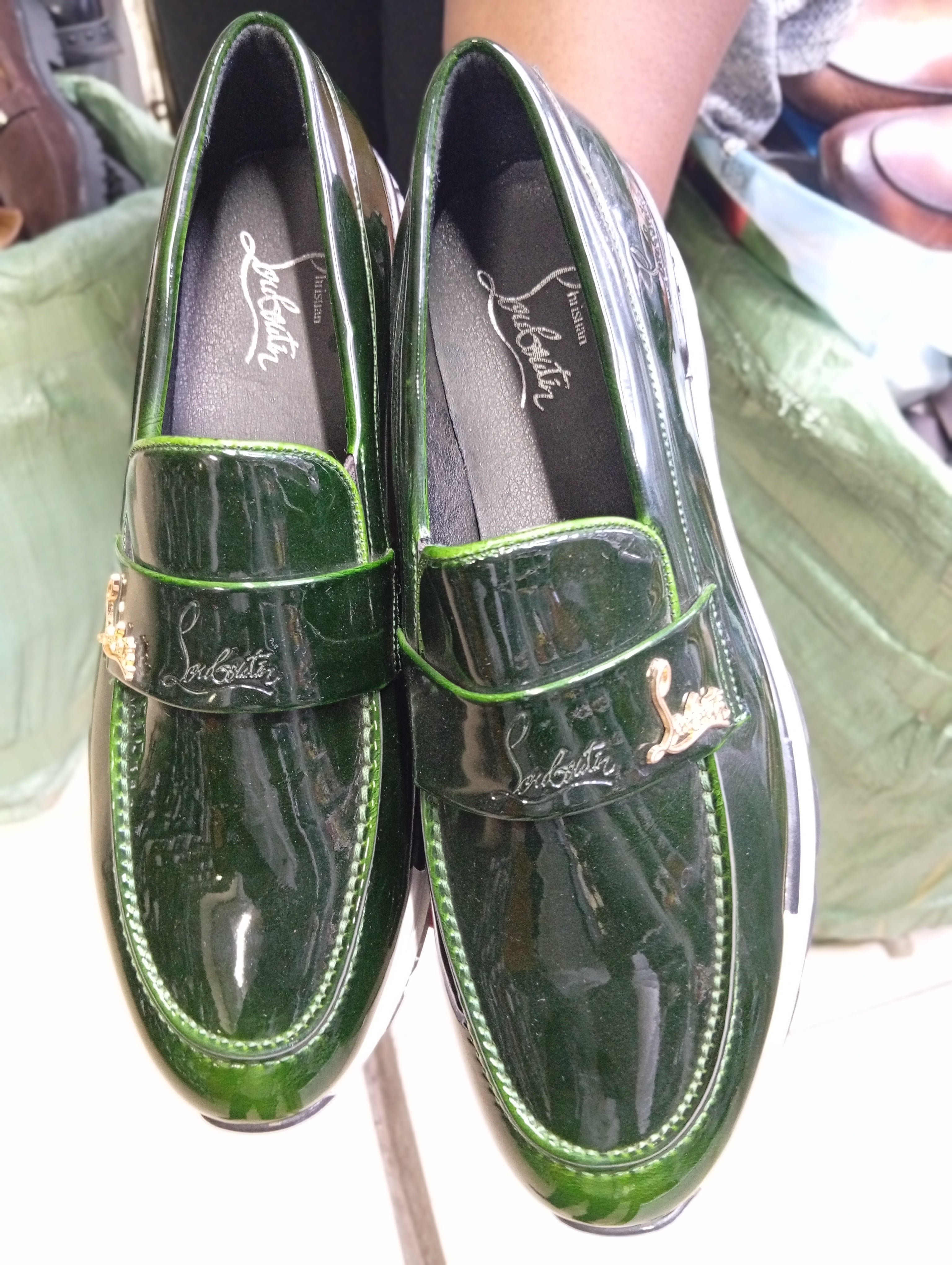 C L Glossy Green Loafers – Gold Panther Detail | Luxury Men’s Slip-On