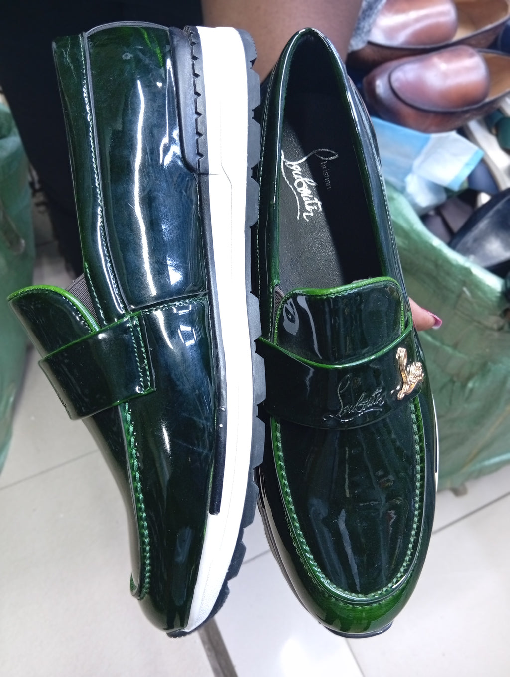 C L Glossy Green Loafers – Gold Panther Detail | Luxury Men’s Slip-On
