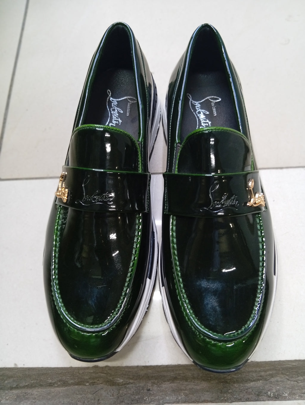C L Glossy Green Loafers – Gold Panther Detail | Luxury Men’s Slip-On