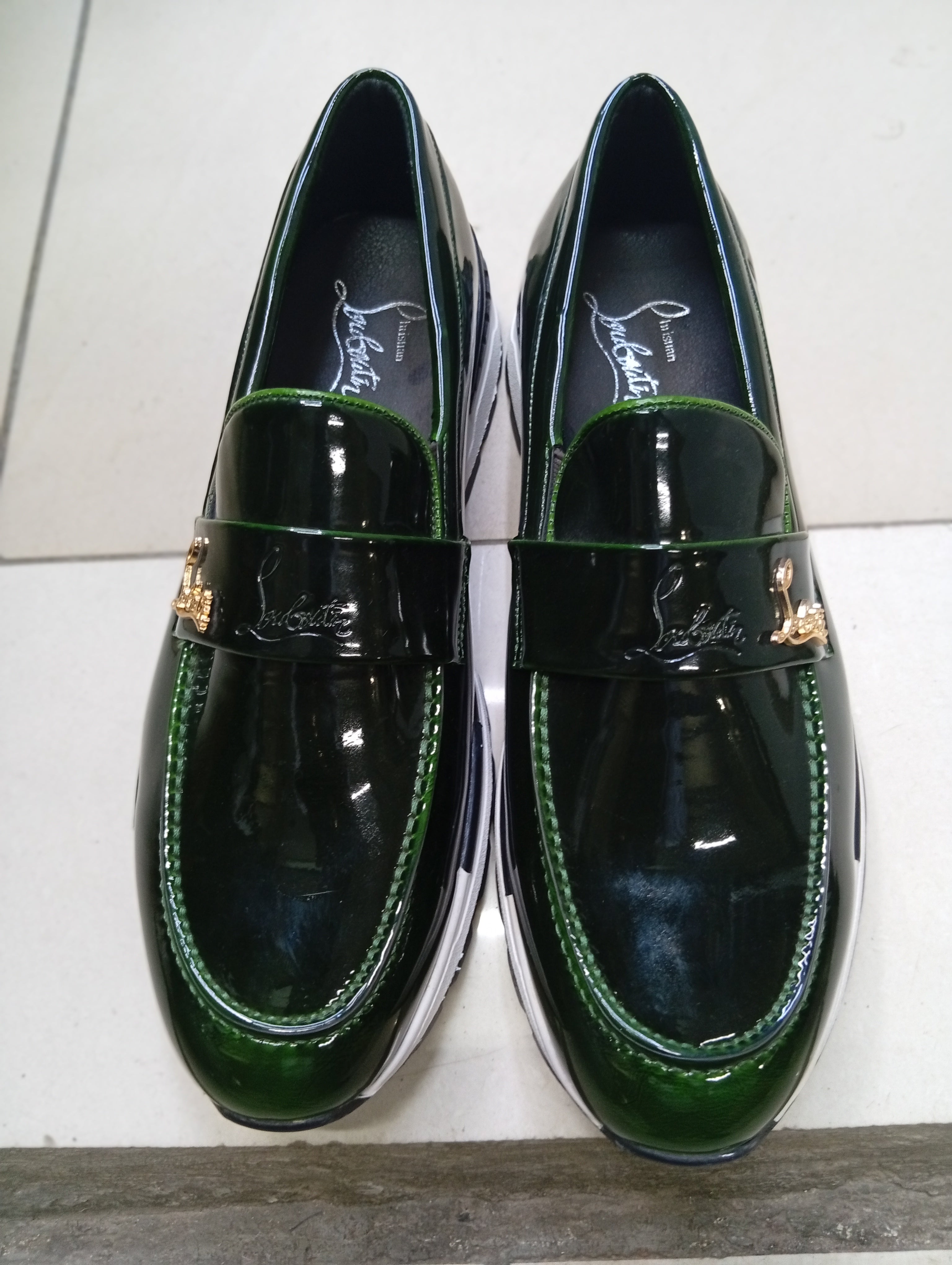 C L Glossy Green Loafers – Gold Panther Detail | Luxury Men’s Slip-On