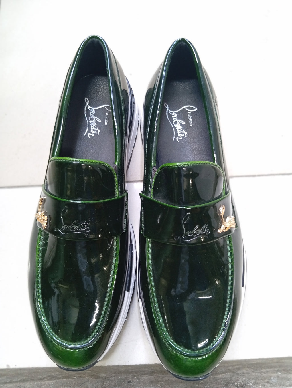 C L Glossy Green Loafers – Gold Panther Detail | Luxury Men’s Slip-On