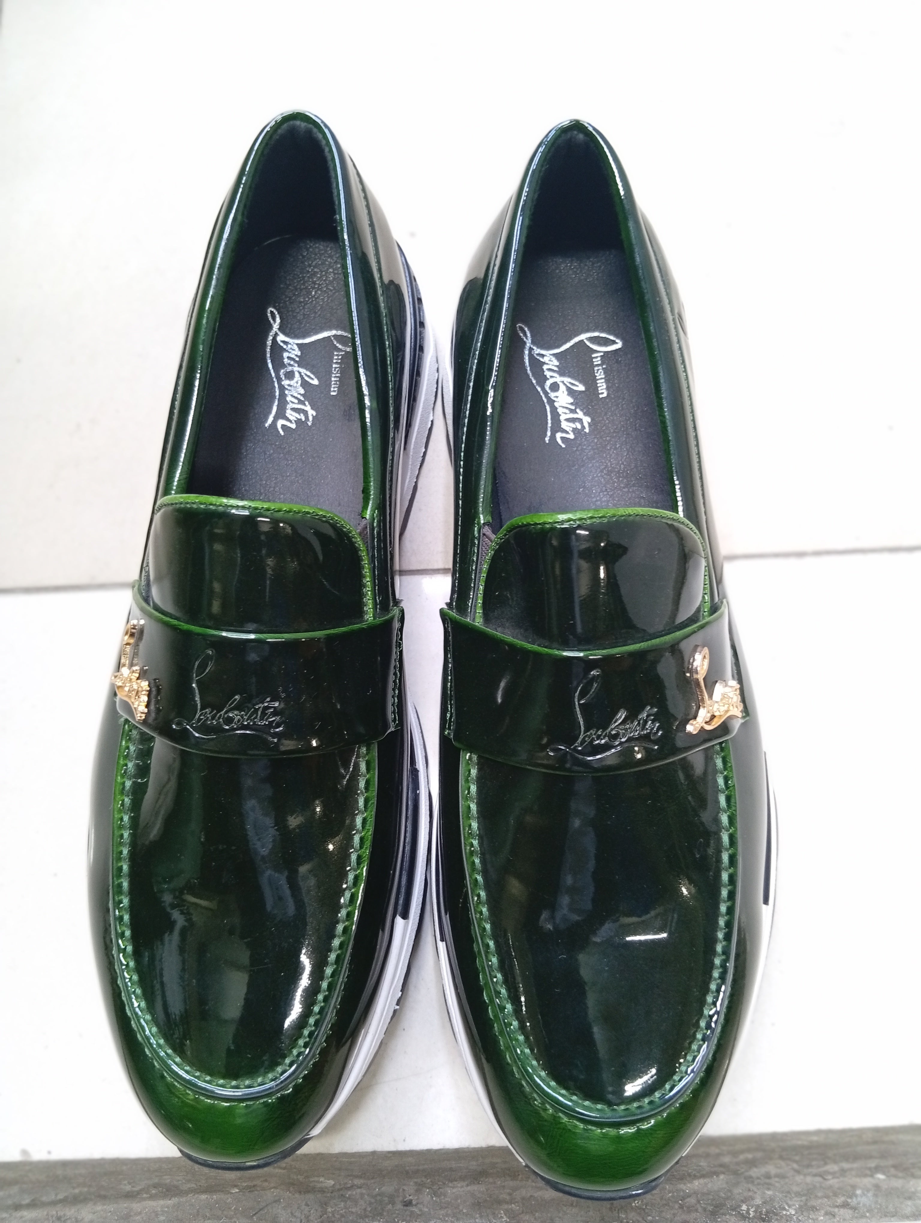 C L Glossy Green Loafers – Gold Panther Detail | Luxury Men’s Slip-On