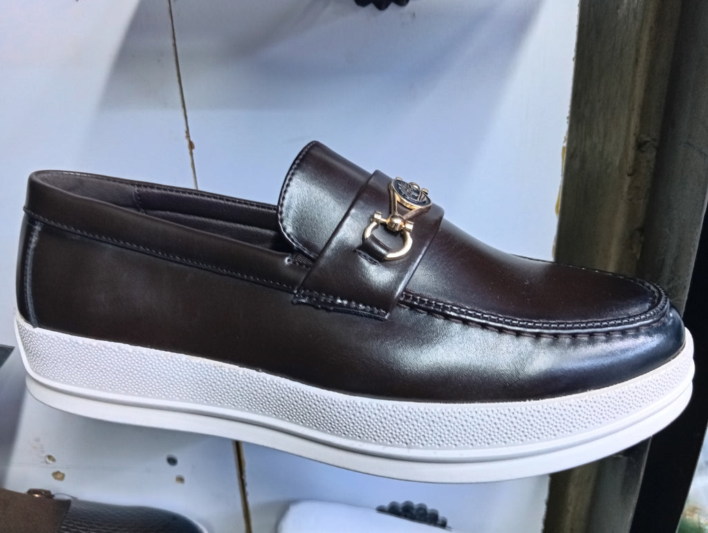 Timland Brown Leather Loafers with Gold Horsebit – White Sole Casual Dress Loafers for Men