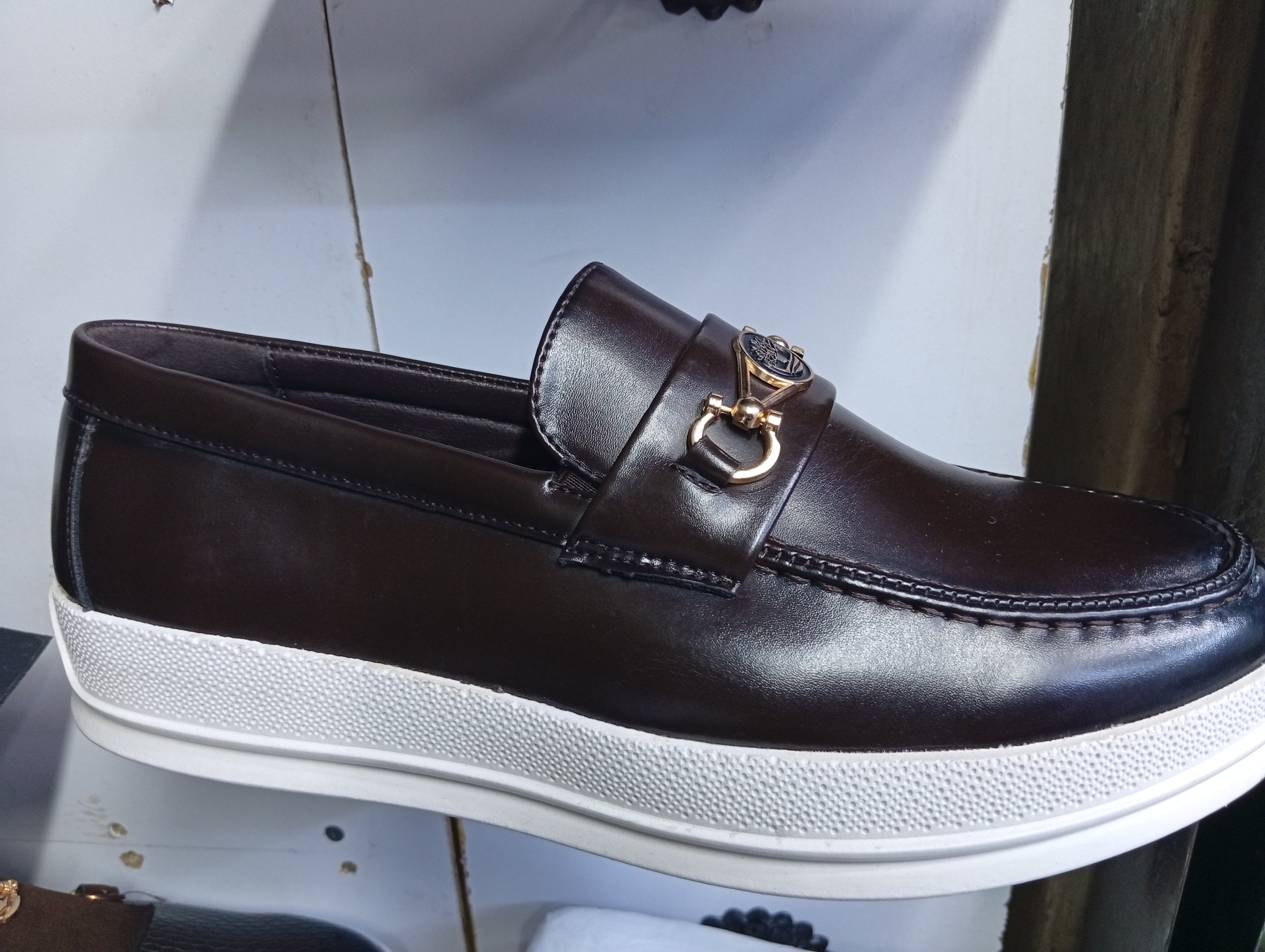 Timland Brown Leather Loafers with Gold Horsebit – White Sole Casual Dress Loafers for Men