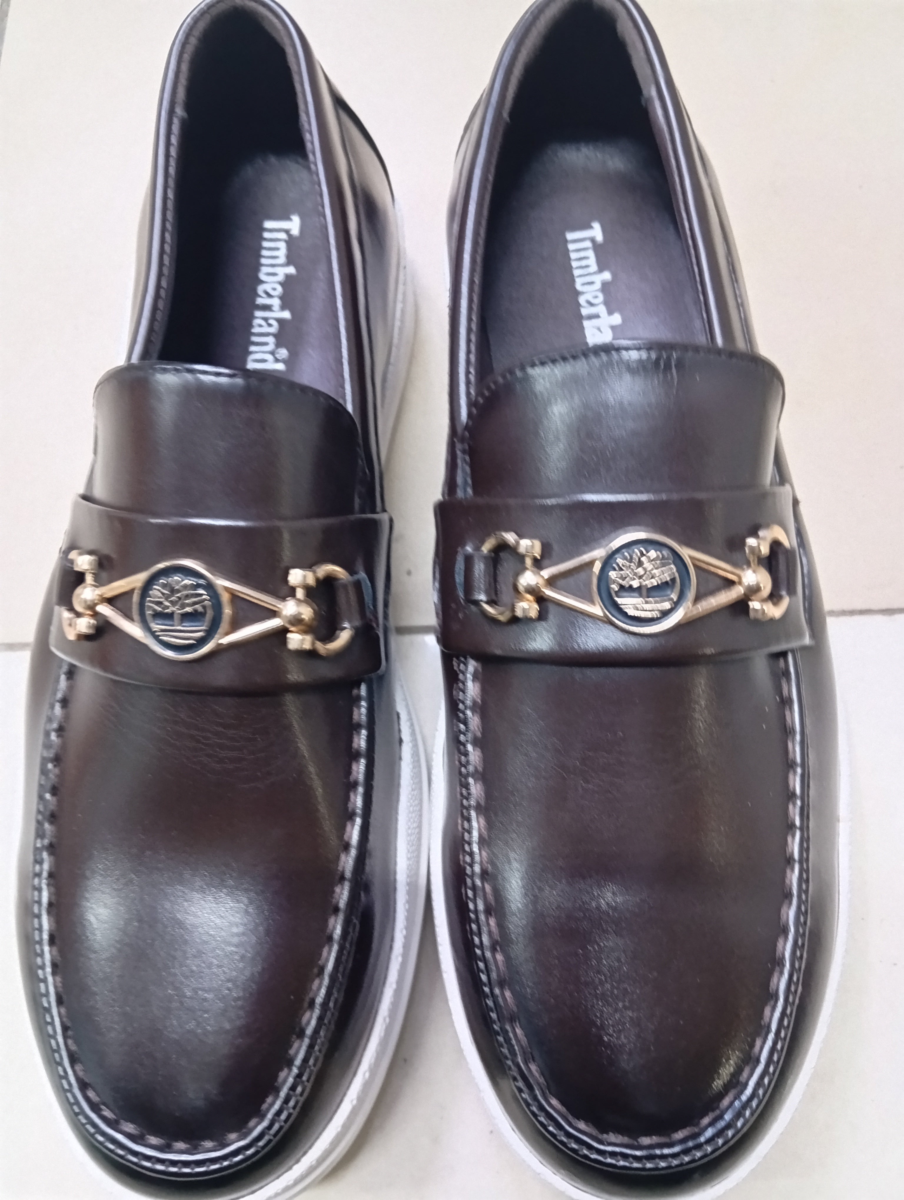Timland Brown Leather Loafers with Gold Horsebit – White Sole Casual Dress Loafers for Men