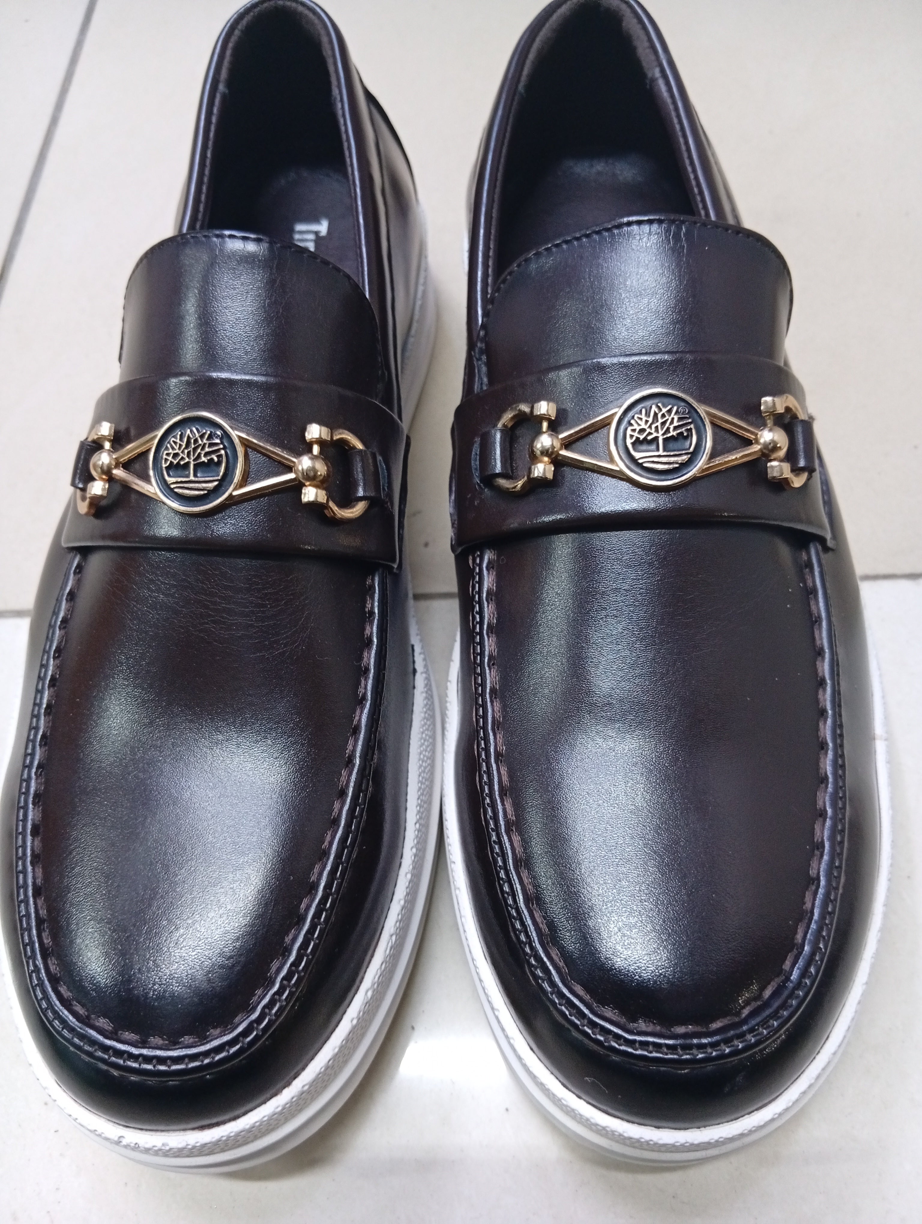 Timland Brown Leather Loafers with Gold Horsebit – White Sole Casual Dress Loafers for Men