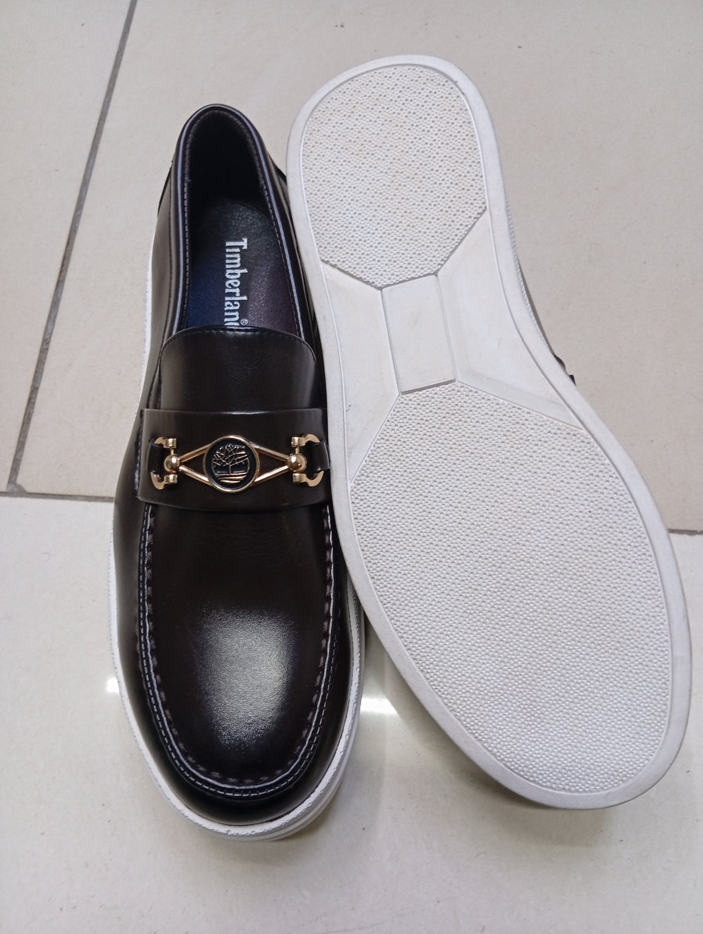 Timland Brown Leather Loafers with Gold Horsebit – White Sole Casual Dress Loafers for Men