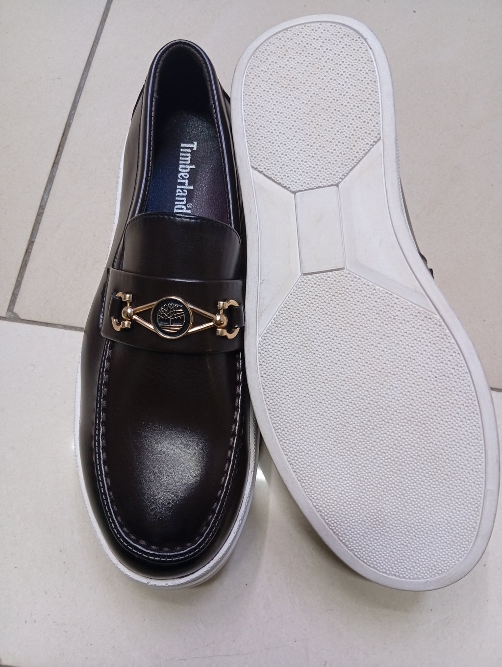 Timland Brown Leather Loafers with Gold Horsebit – White Sole Casual Dress Loafers for Men