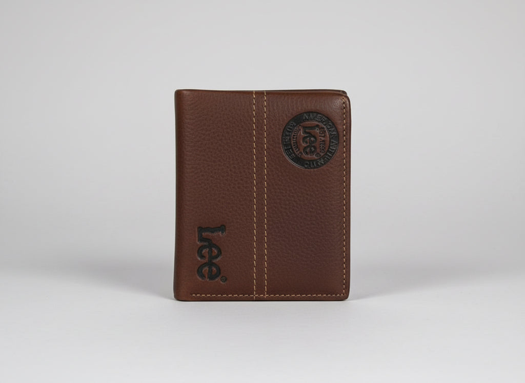 Brown leather wallet with 'Lee' branding on a clear background