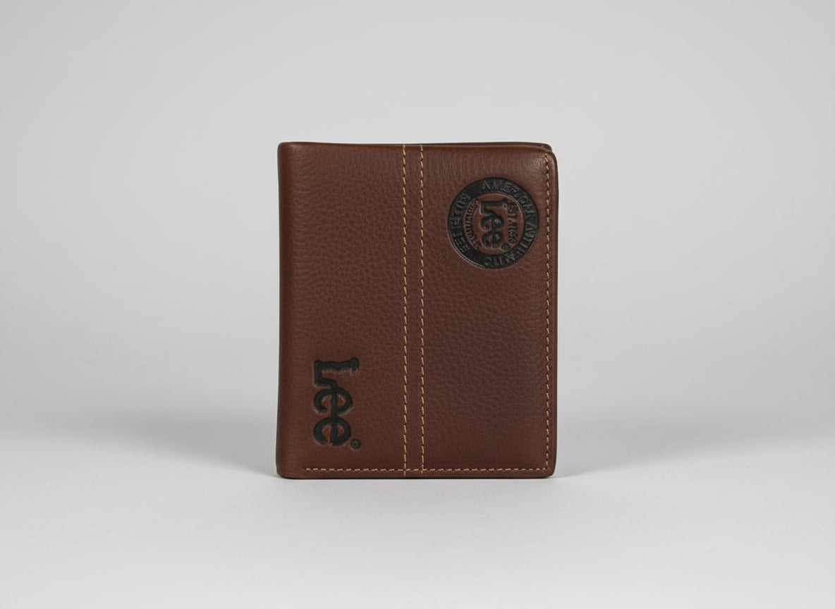 Brown leather wallet with 'Lee' branding on a clear background