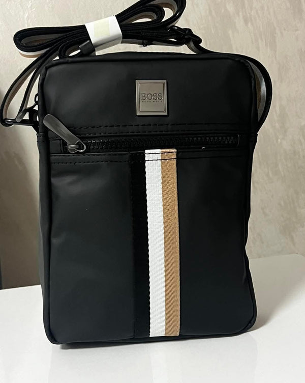 Men’s Black Crossbody Shoulder Bag – Premium Stripe Detail Sling with Front Zip Pocket