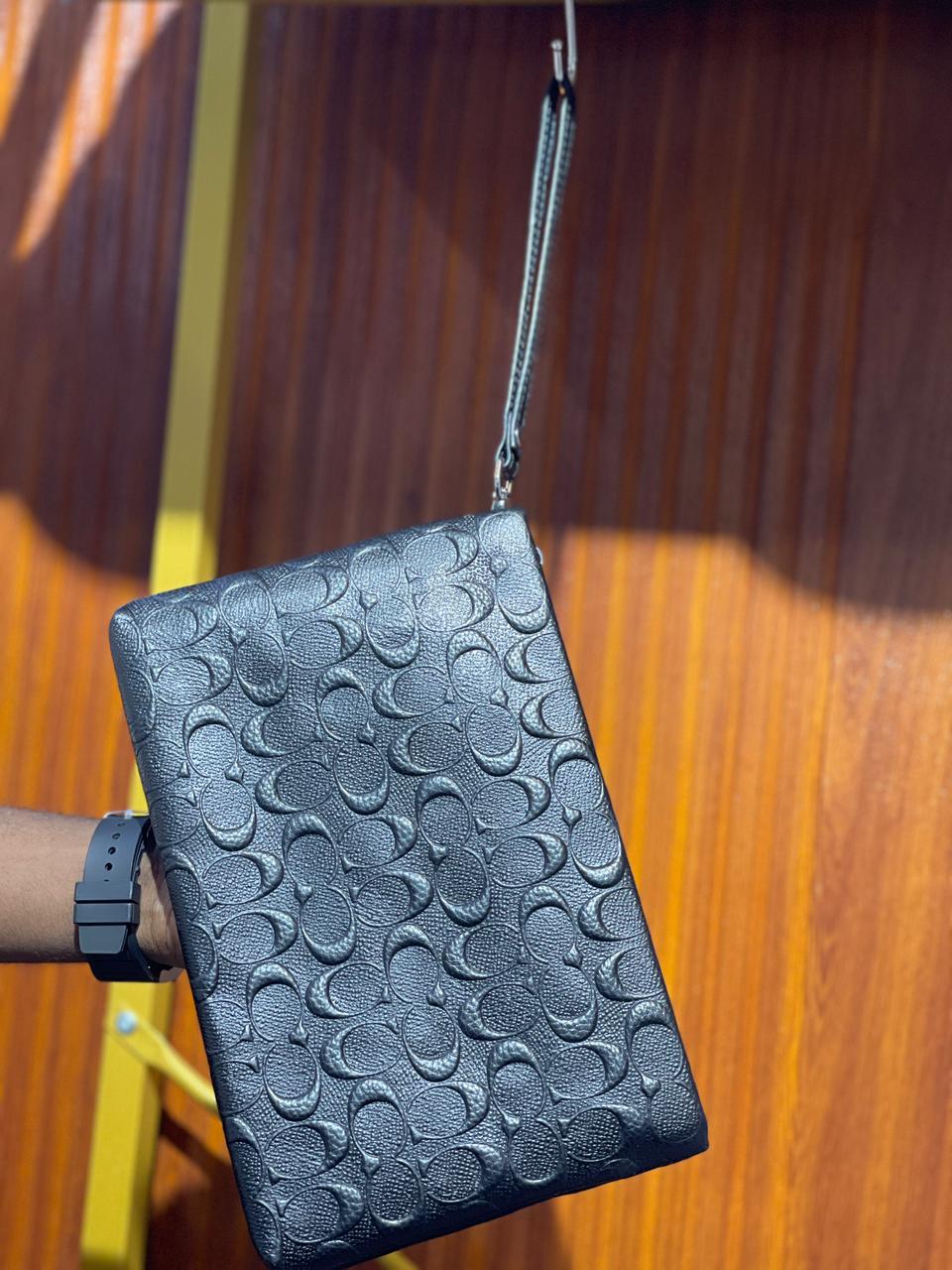 Embossed Leather Wristlet Clutch – Black Textured Handbag