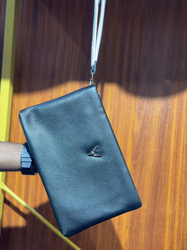 Classic Black Leather Wristlet – Sleek Minimalist Handheld Pouch