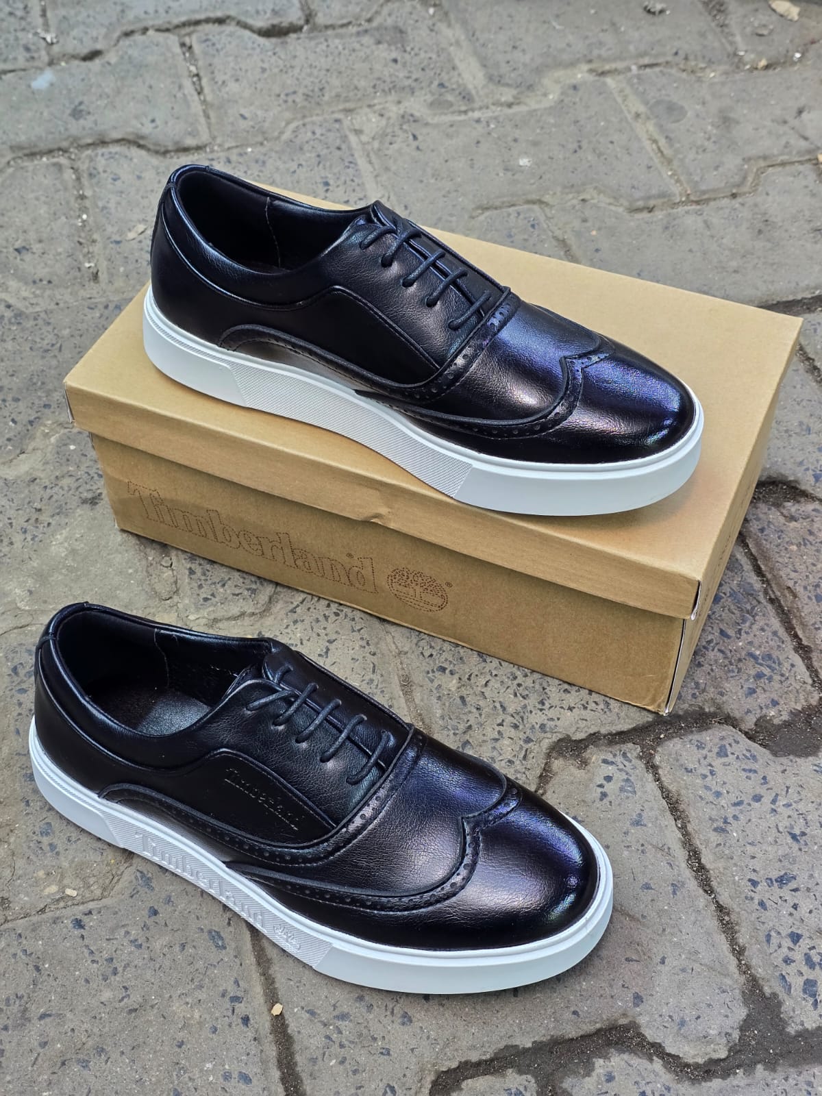 Men’s Black Leather Timberland Sneakers – Wingtip Brogue Hybrid with White Sole