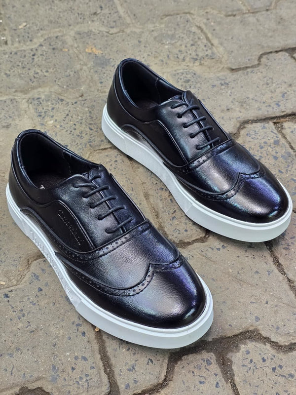 Men’s Black Leather Timberland Sneakers – Wingtip Brogue Hybrid with White Sole