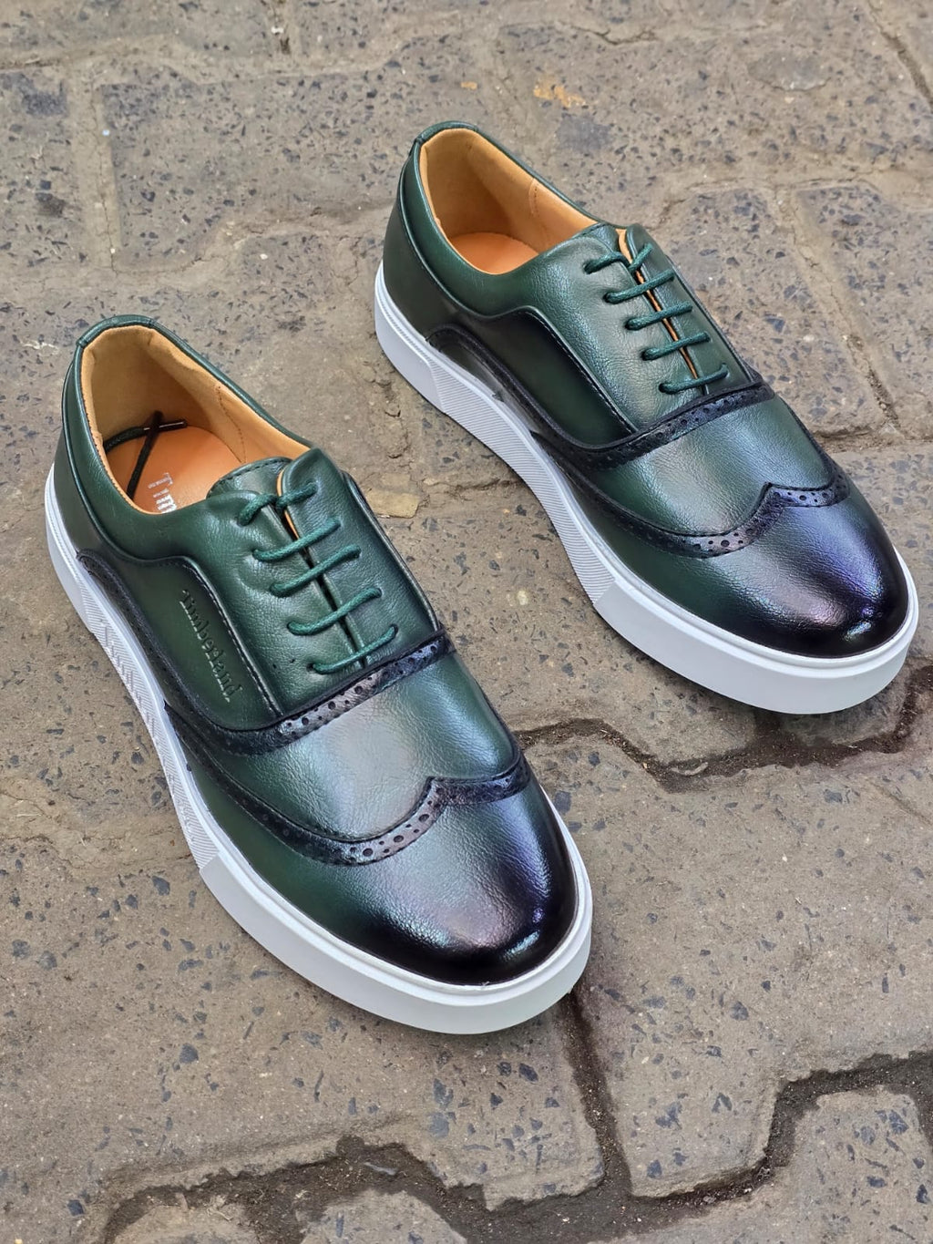 Men’s Black Leather Timberland Sneakers – Wingtip Brogue Hybrid with White Sole