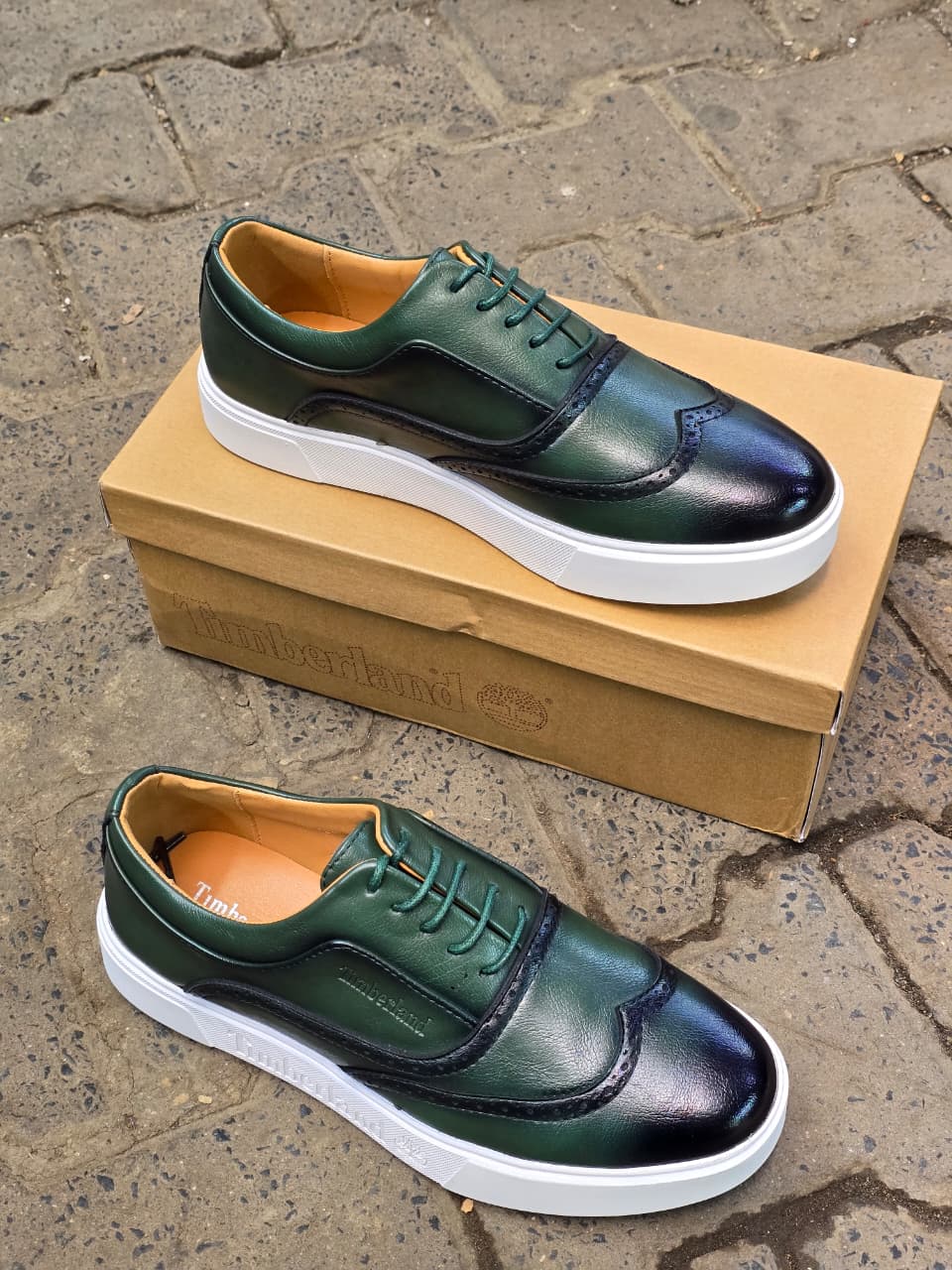 Men’s Black Leather Timberland Sneakers – Wingtip Brogue Hybrid with White Sole