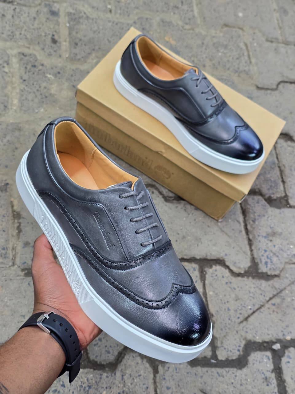 Men’s Black Leather Timberland Sneakers – Wingtip Brogue Hybrid with White Sole