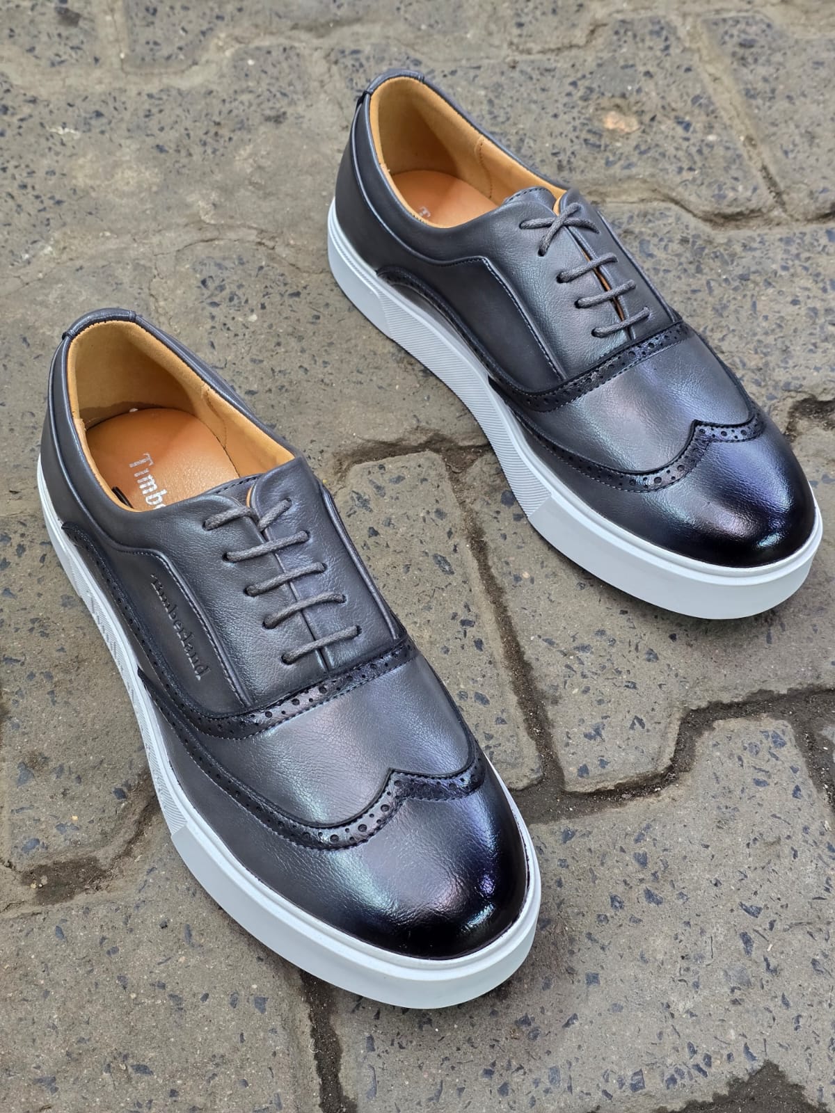 Men’s Black Leather Timberland Sneakers – Wingtip Brogue Hybrid with White Sole