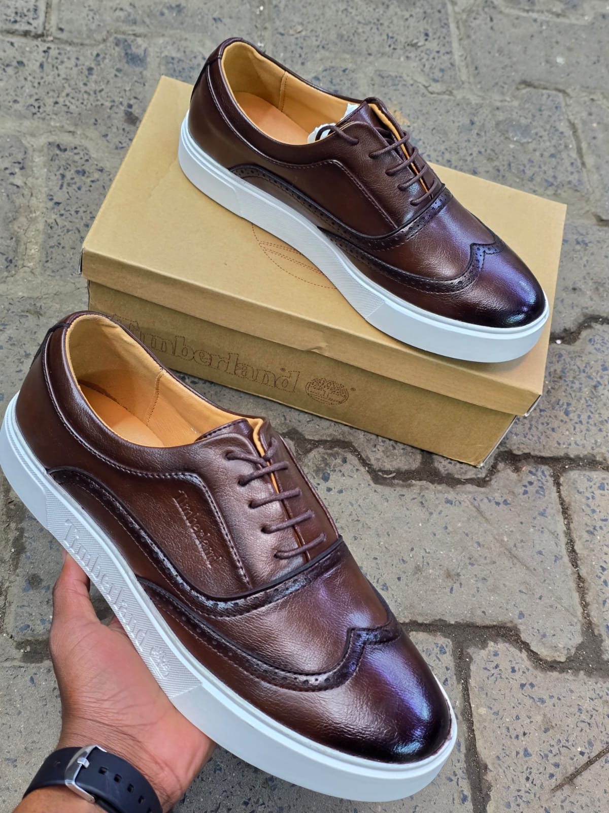 Men’s Black Leather Timberland Sneakers – Wingtip Brogue Hybrid with White Sole