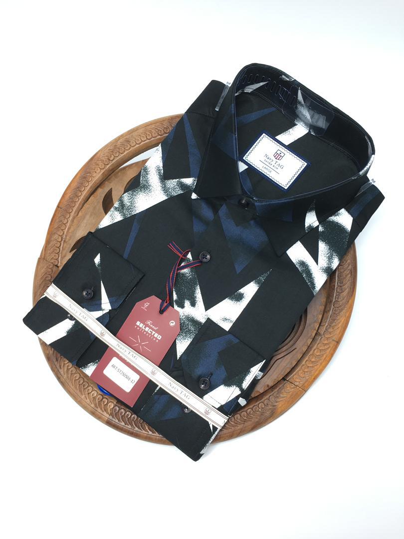 NavyTag Shirt – Black & Blue Abstract Print