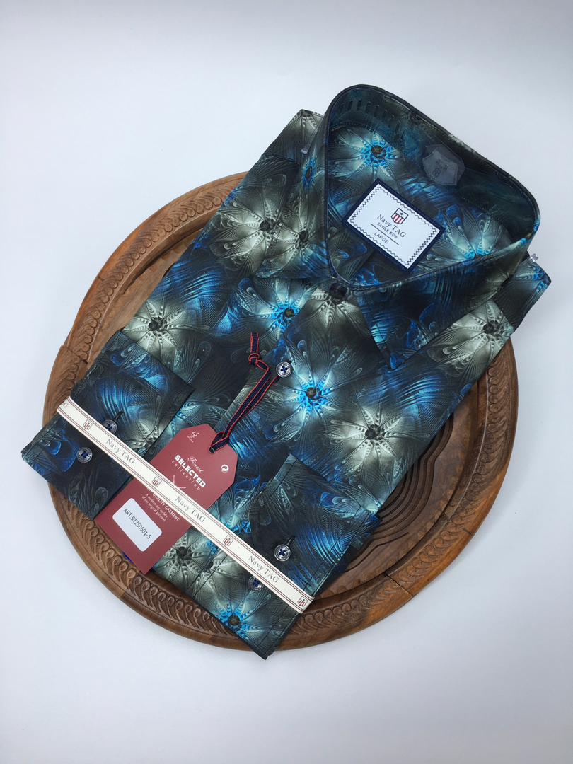 NavyTag Shirt – Black & Blue Abstract Print