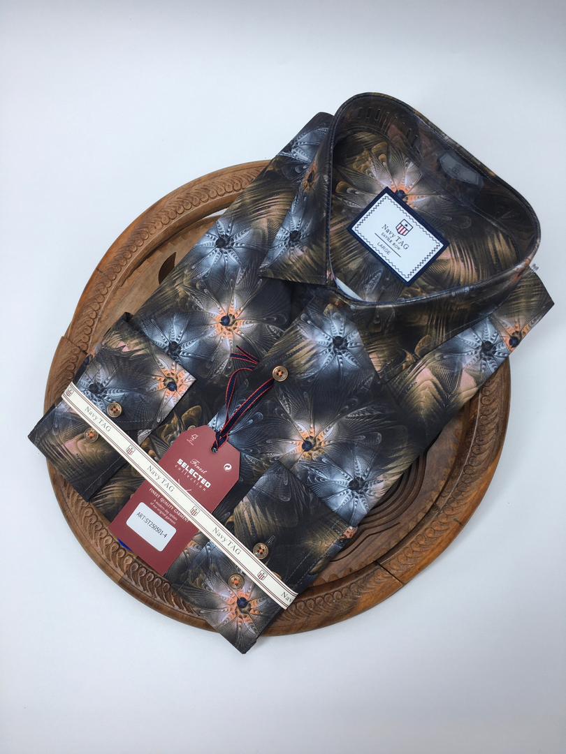 NavyTag Shirt – Black & Blue Abstract Print