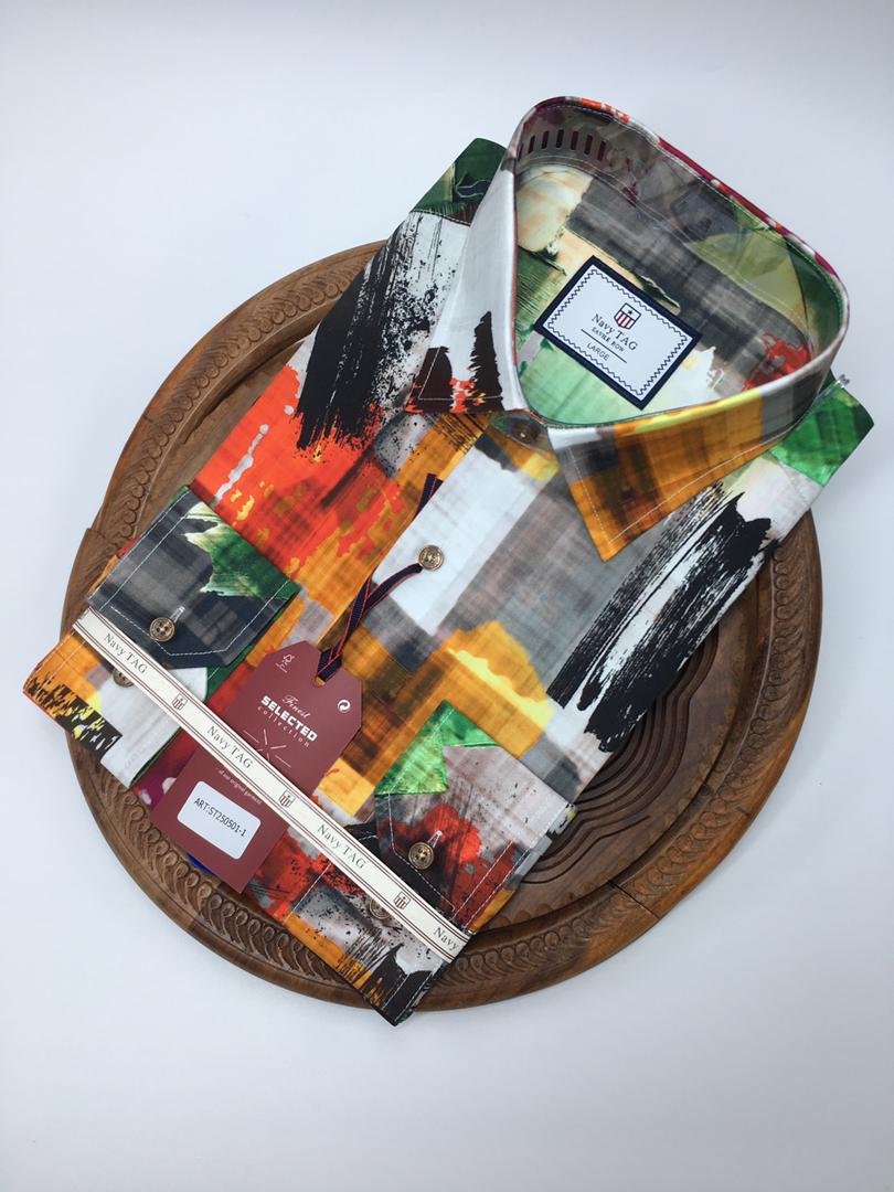 NavyTag Shirt – Black & Blue Abstract Print