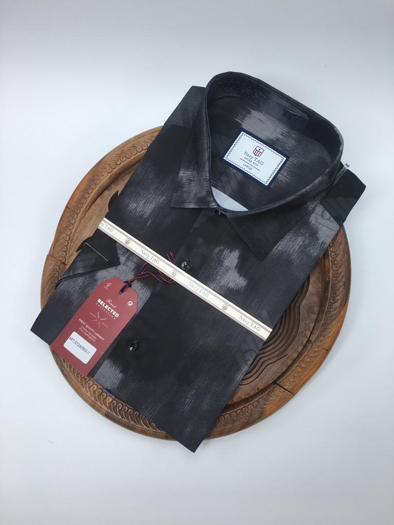 NavyTag Shirt – Black & Blue Abstract Print