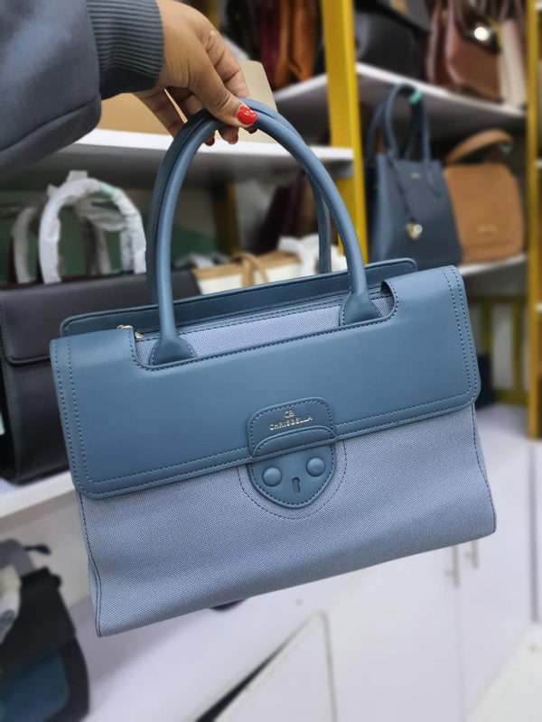 Chicella Elegance Structured Tote – Premium Blue Leather & Canvas Handbag