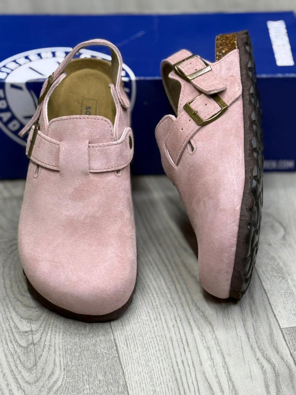 Soft Suede Comfort Clogs – Adjustable Backstrap Slip-On in Dusty Pink