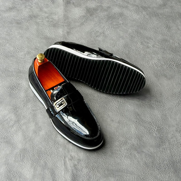 Men’s Black Patent Leather Buckle Loafers