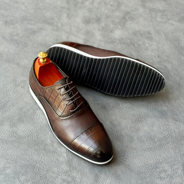 Men’s Brown Croc-Embossed Leather Cap-Toe Shoes – Formal Lace-Up