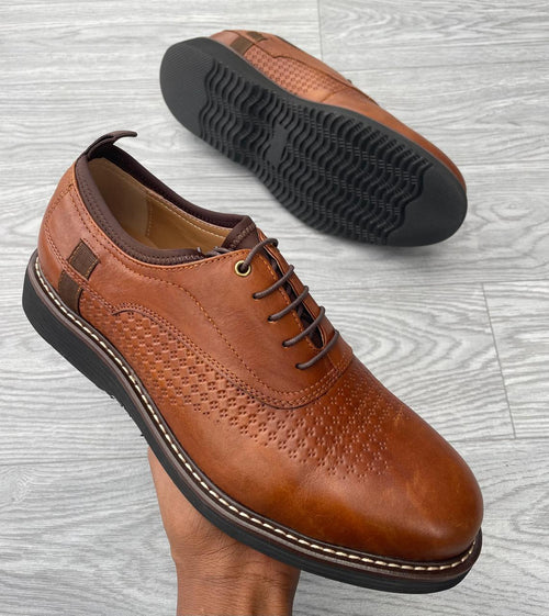 Men’s Black Leather Lace-Up Dress Shoes – Breathable Perforated Comfort Sole