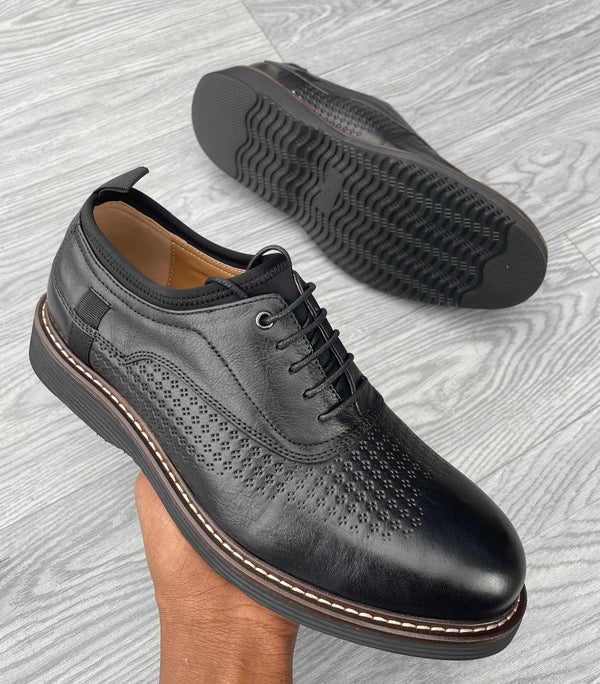 Men’s Black Leather Lace-Up Dress Shoes – Breathable Perforated Comfort Sole