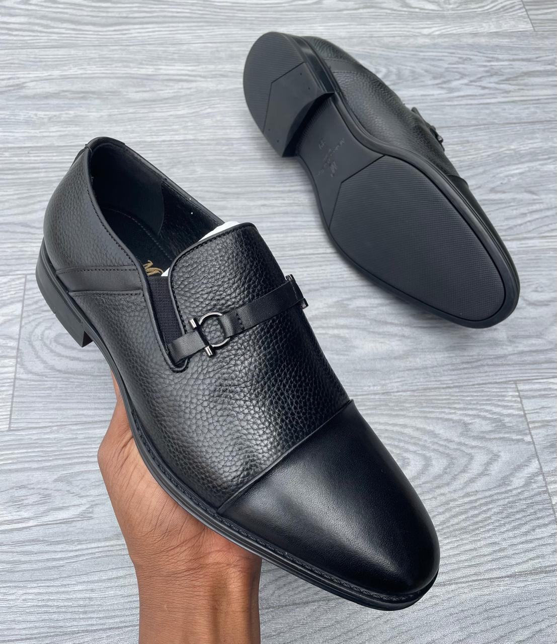 Men’s Black Leather Monk-Style Loafers – Textured Upper Slip-On Dress Shoes