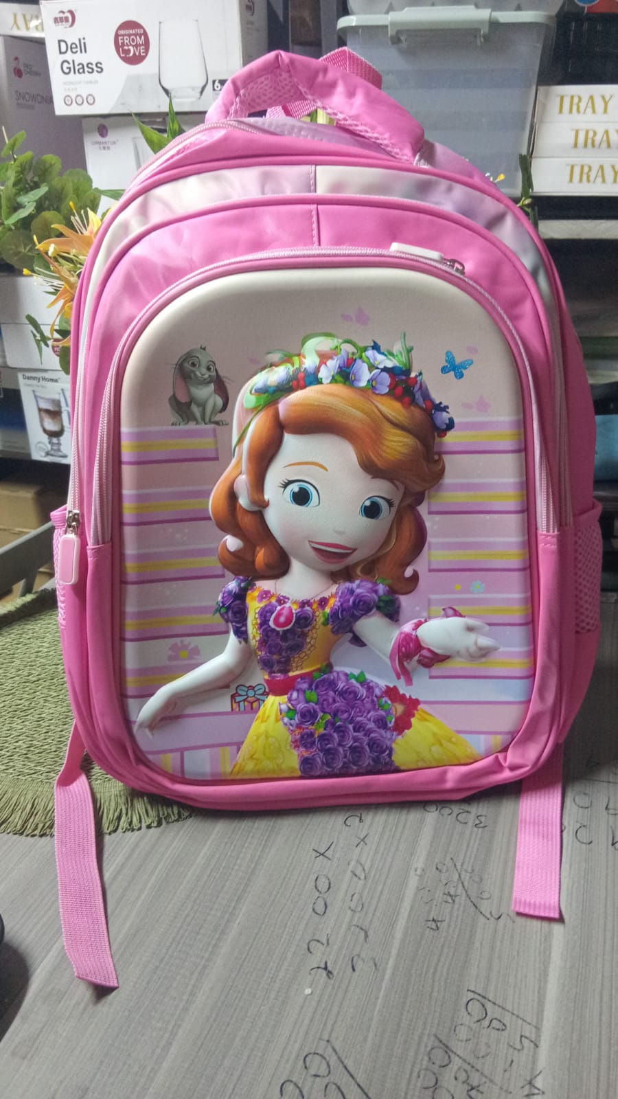 Kids School Backpack – Pink Cartoon-Style Design with Multiple Compartments