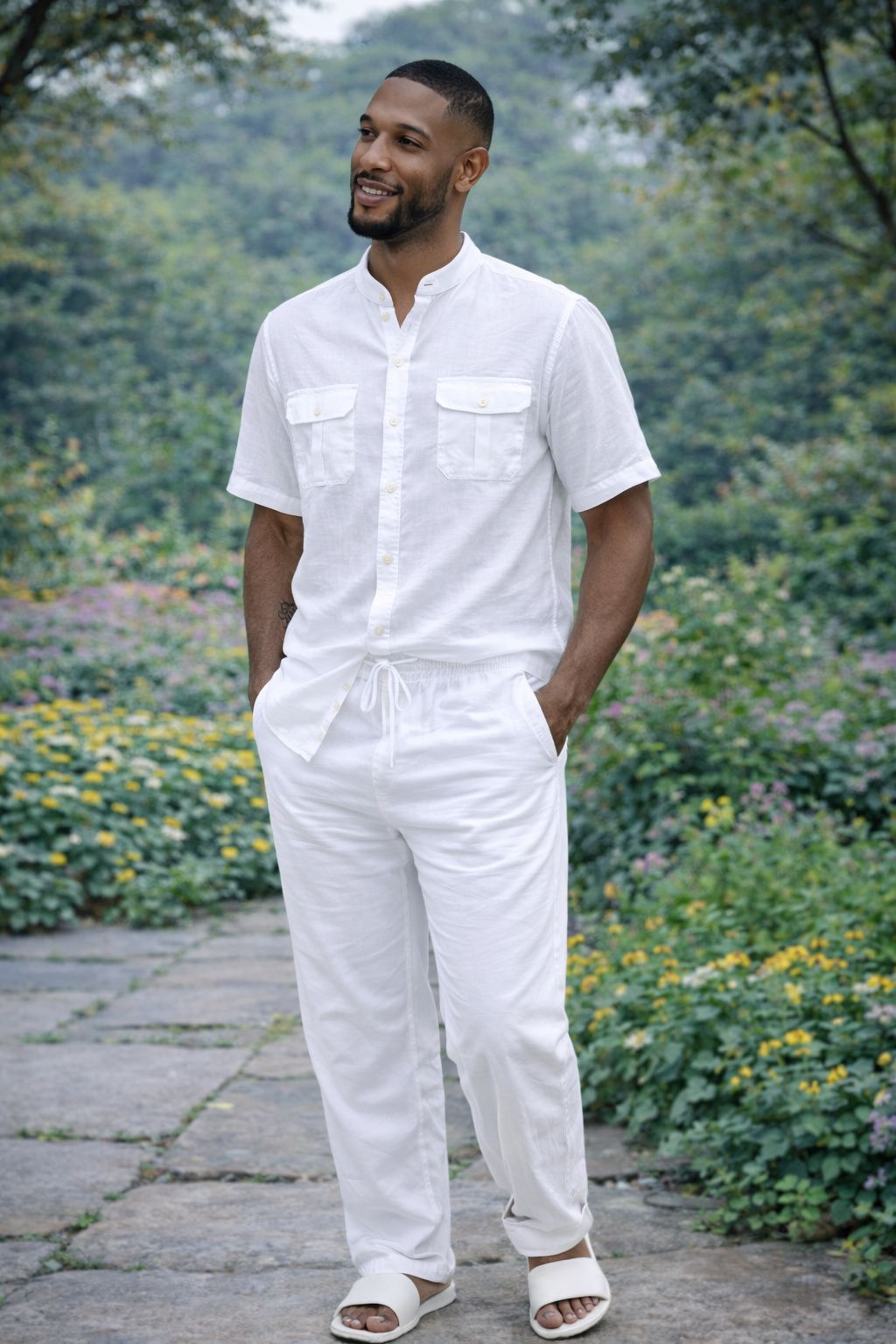 Men’s White Short-Sleeve Shirt & Drawstring Pants Set