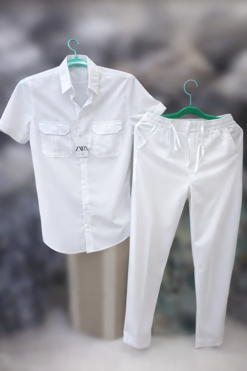 Men’s White Short-Sleeve Shirt & Drawstring Pants Set