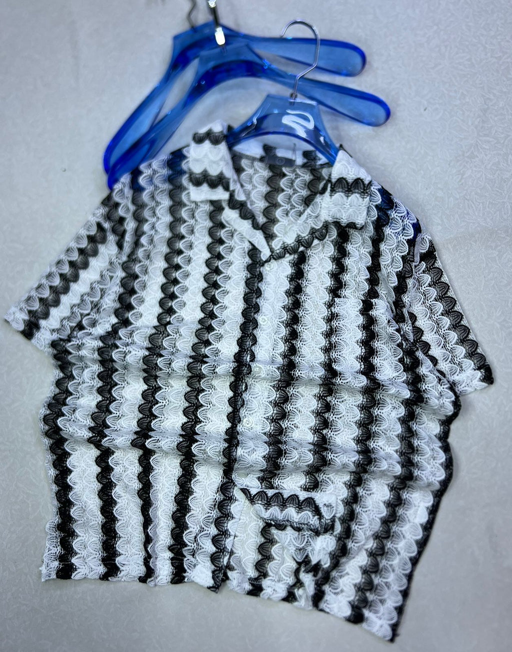 Stylish Casual Button-Up - Textured Lace Short-Sleeve Shirt