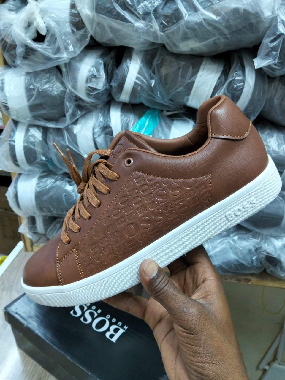 Men’s Luxury Leather Sneakers – Embossed Logo Casual Shoes