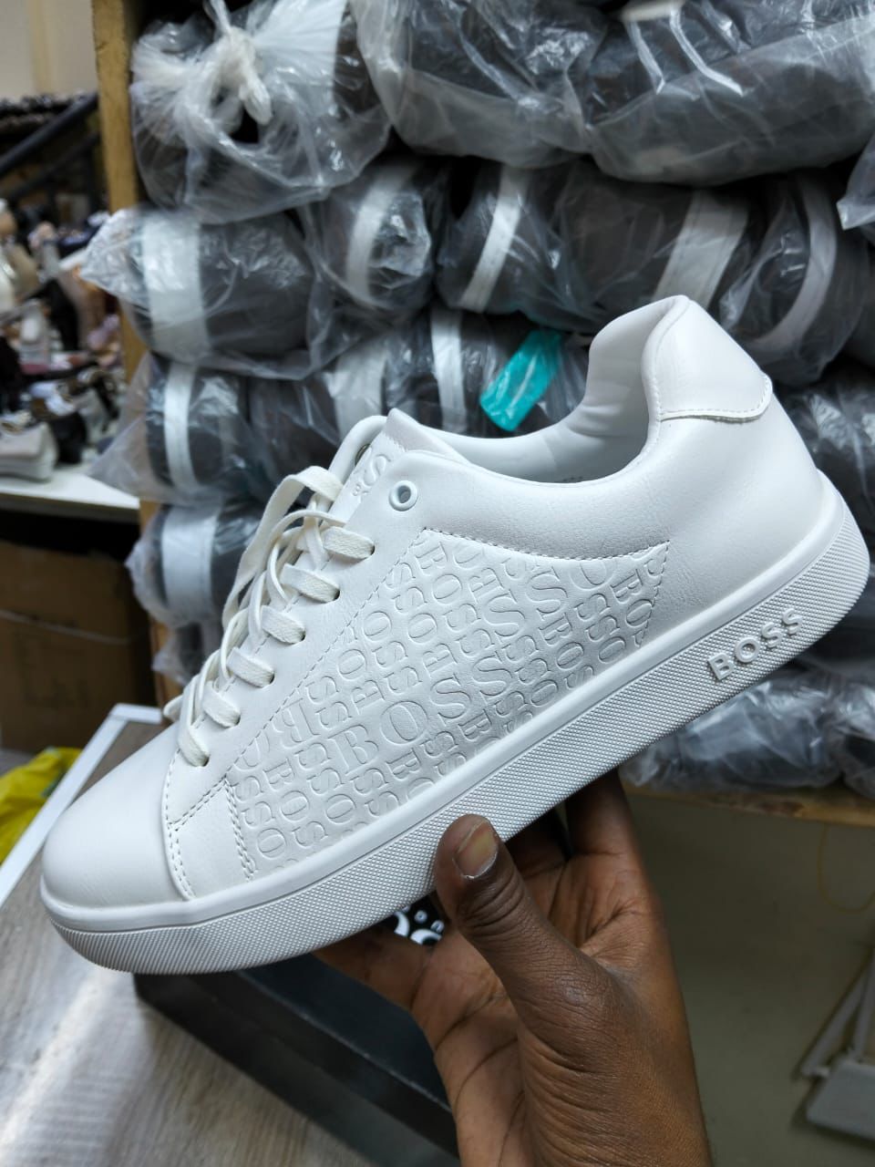 Men’s Luxury Leather Sneakers – Embossed Logo Casual Shoes