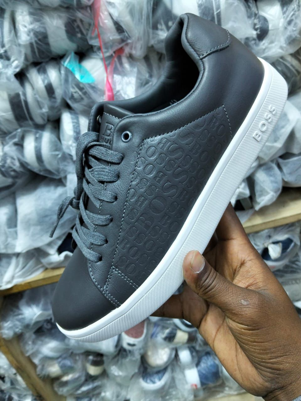 Men’s Luxury Leather Sneakers – Embossed Logo Casual Shoes