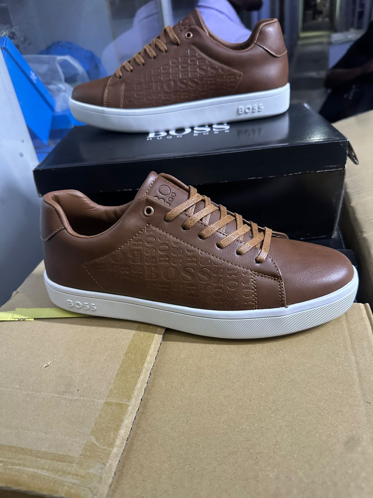 Men’s Luxury Leather Sneakers – Embossed Logo Casual Shoes