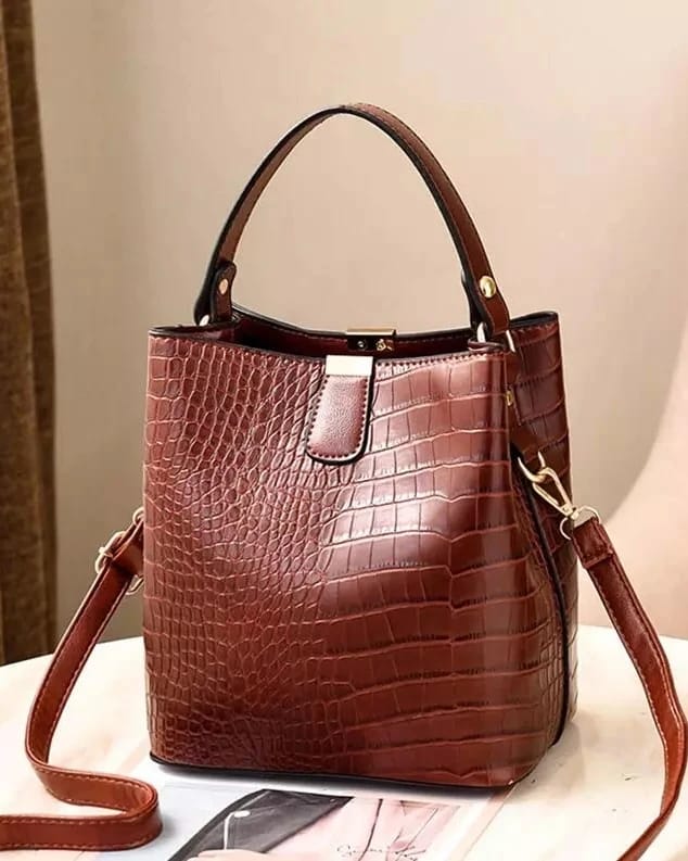 Croc-Embossed Structured Bucket Handbag | Elegant Top Handle & Crossbody Bag