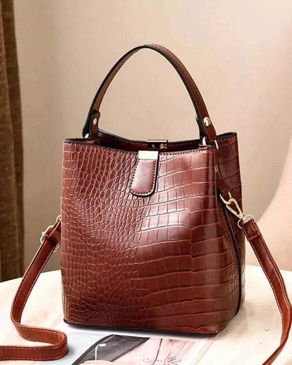 Croc-Embossed Structured Bucket Handbag | Elegant Top Handle & Crossbody Bag