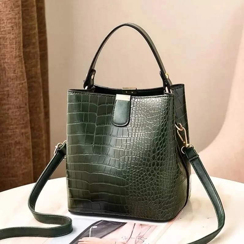 Croc-Embossed Structured Bucket Handbag | Elegant Top Handle & Crossbody Bag